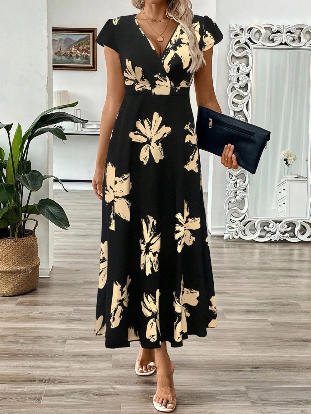 V-Neck Black Maxi Dress with Cream Floral Print